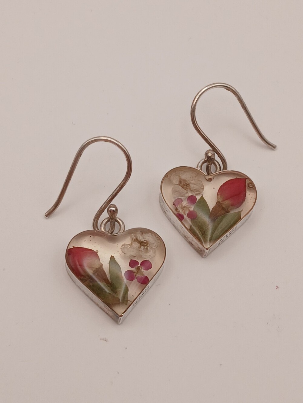 ATI 925 Mexico Heart Dangle Earrings Pressed Flowers